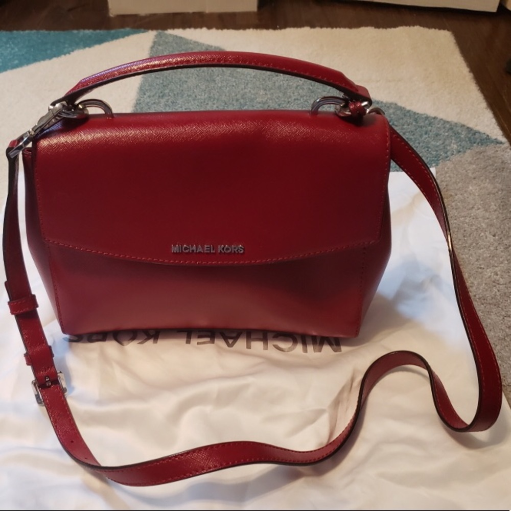 Michael Kors red leather crossbody handbag tote